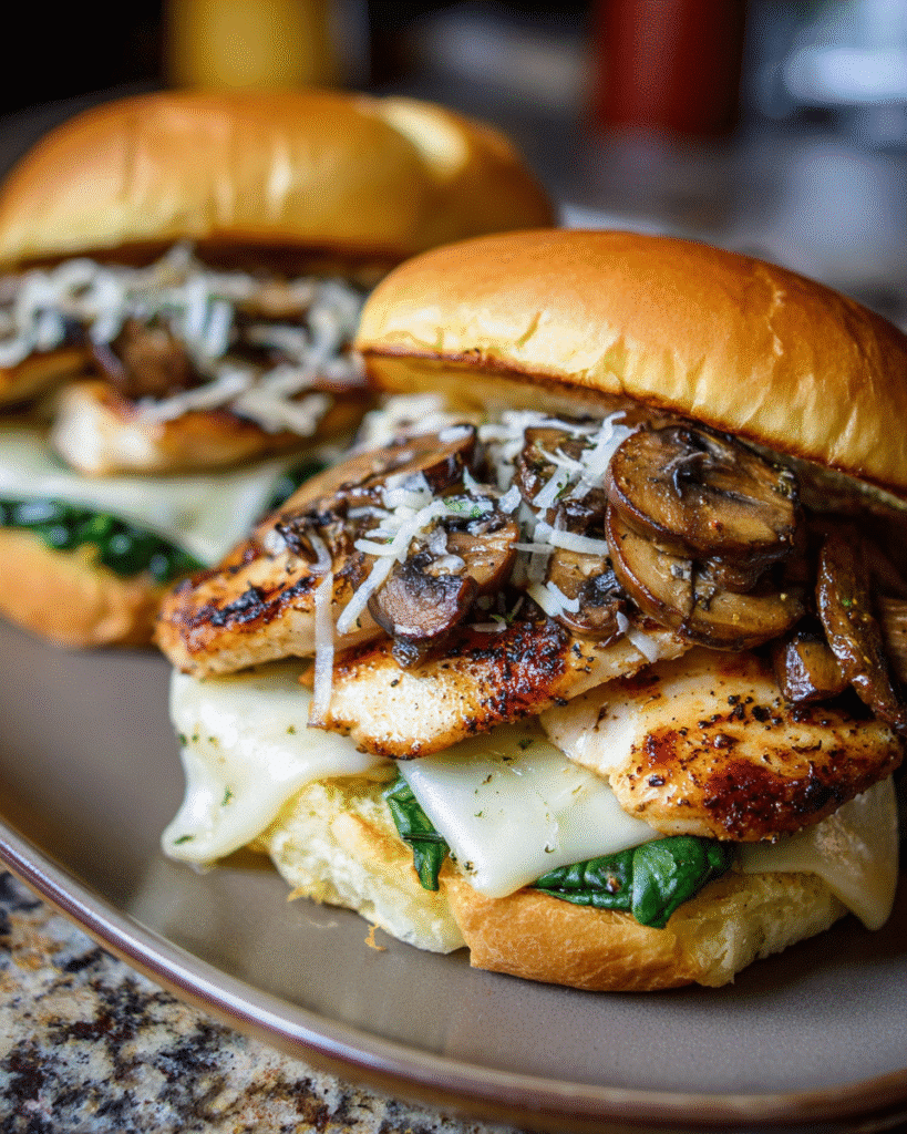 Chicken and mushroom melt sandwich with Swiss cheese
