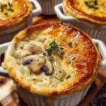 Individual chicken and mushroom pot pies with golden puff pastry