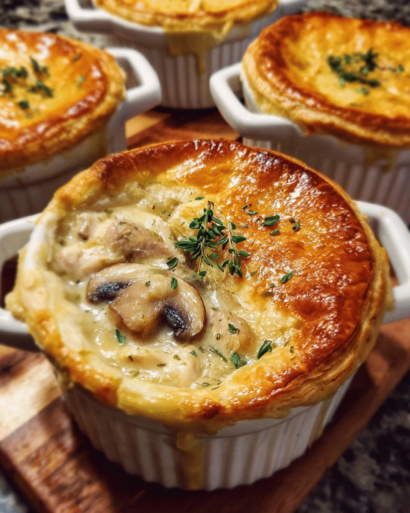 Individual chicken and mushroom pot pies with golden puff pastry
