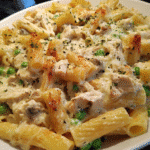 baked chicken and pea casserole with parmesan topping