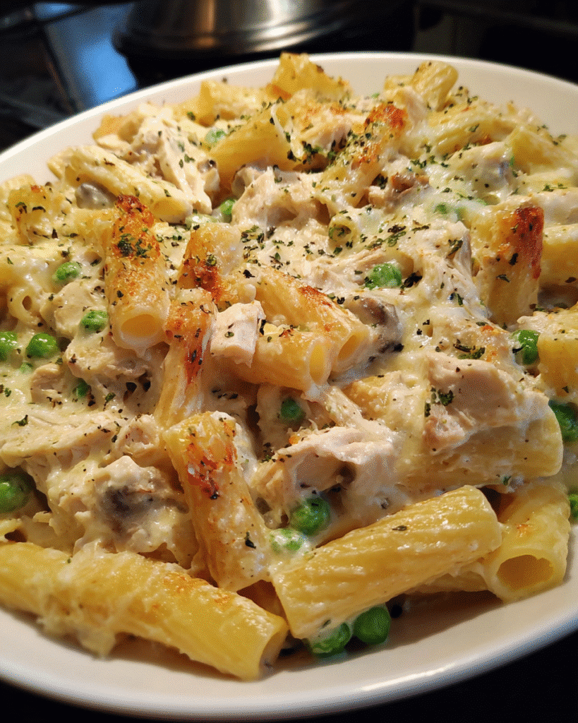 baked chicken and pea casserole with parmesan topping