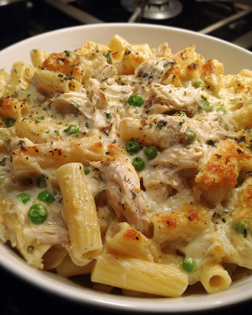 baked chicken and pea casserole with parmesan topping