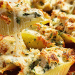 Chicken and spinach stuffed shells baked with cheese
