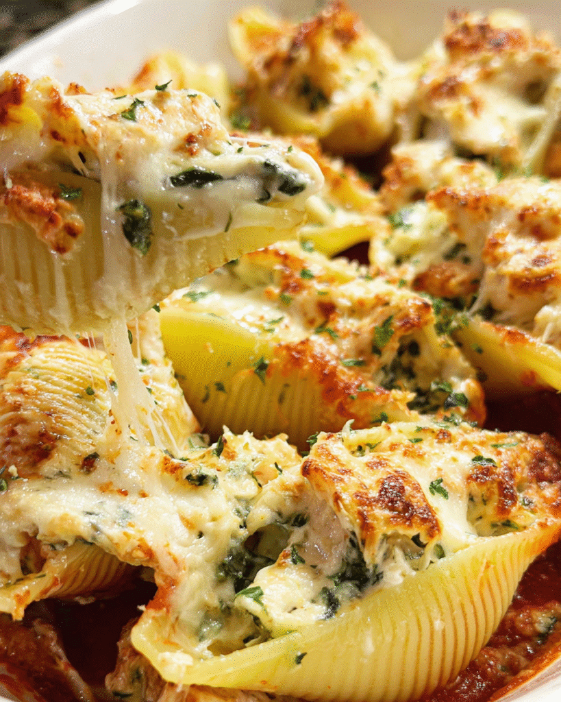 Chicken and spinach stuffed shells baked with cheese