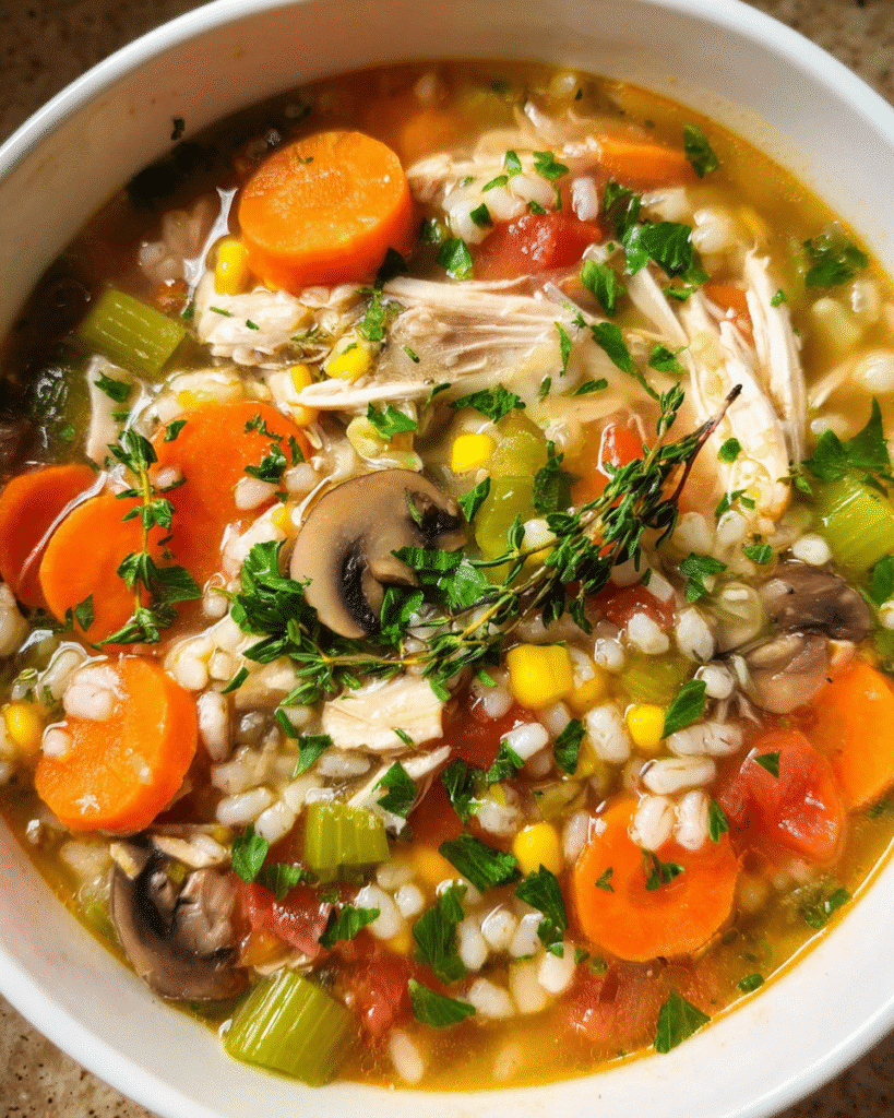comforting chicken veggie barley soup in a bowl