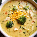 Creamy broccoli cheddar chicken soup in a bowl