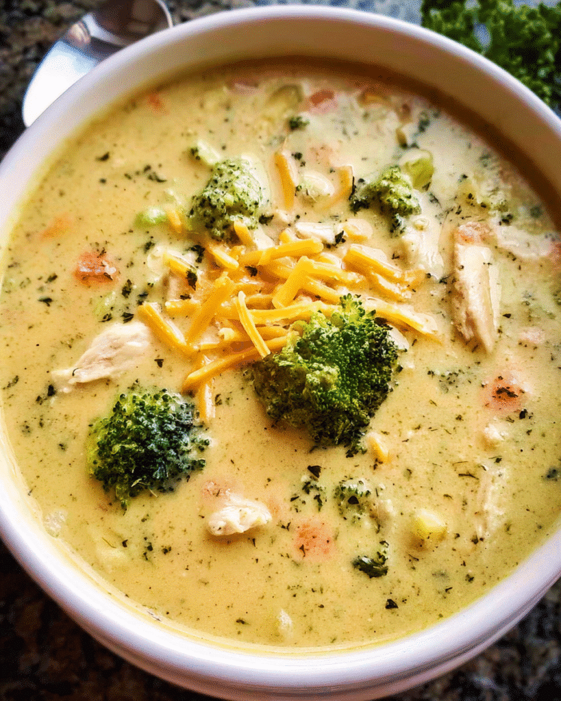 Creamy broccoli cheddar chicken soup in a bowl