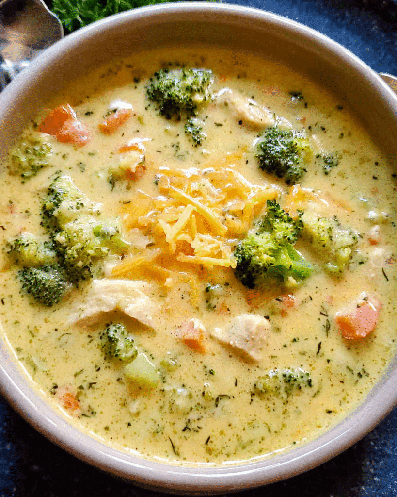 Creamy broccoli cheddar chicken soup in a bowl