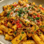 Creamy Cajun beef pasta in a skillet