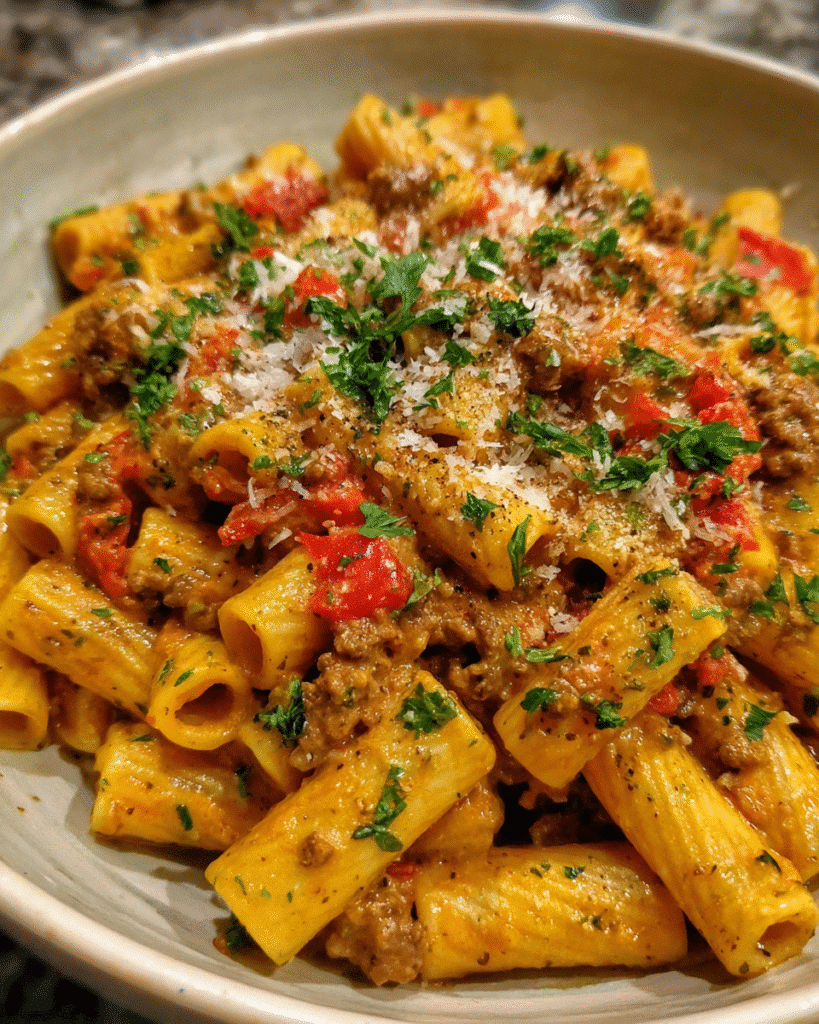 Creamy Cajun beef pasta in a skillet