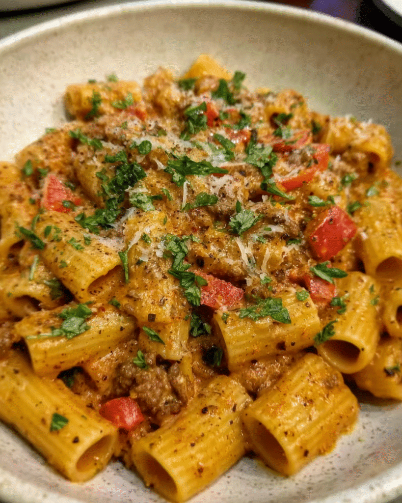 Creamy Cajun beef pasta in a skillet