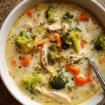Creamy chicken and broccoli soup in a bowl