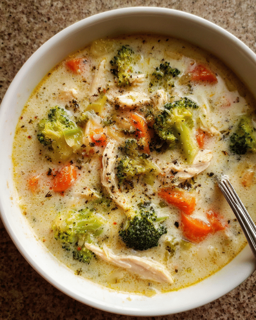 Creamy chicken and broccoli soup in a bowl