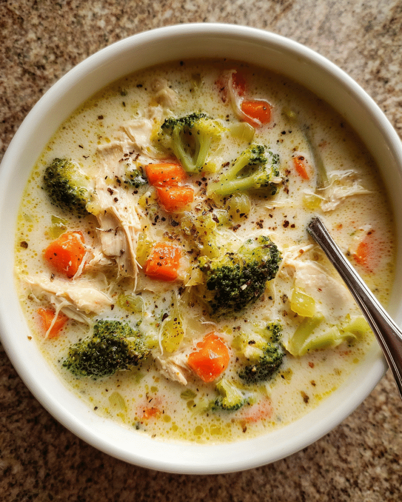 Creamy chicken and broccoli soup in a bowl