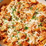 Creamy chicken parmesan pasta skillet with melted cheese