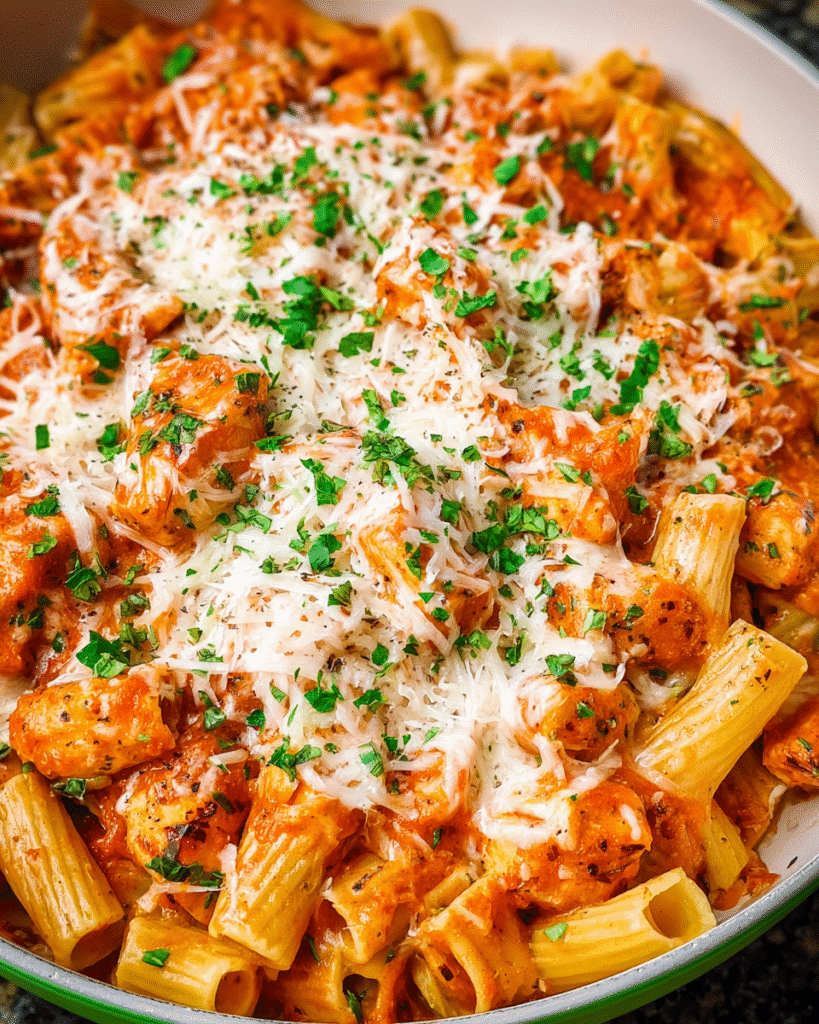 Creamy chicken parmesan pasta skillet with melted cheese
