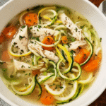 Creamy chicken zoodle soup with zucchini noodles and herbs