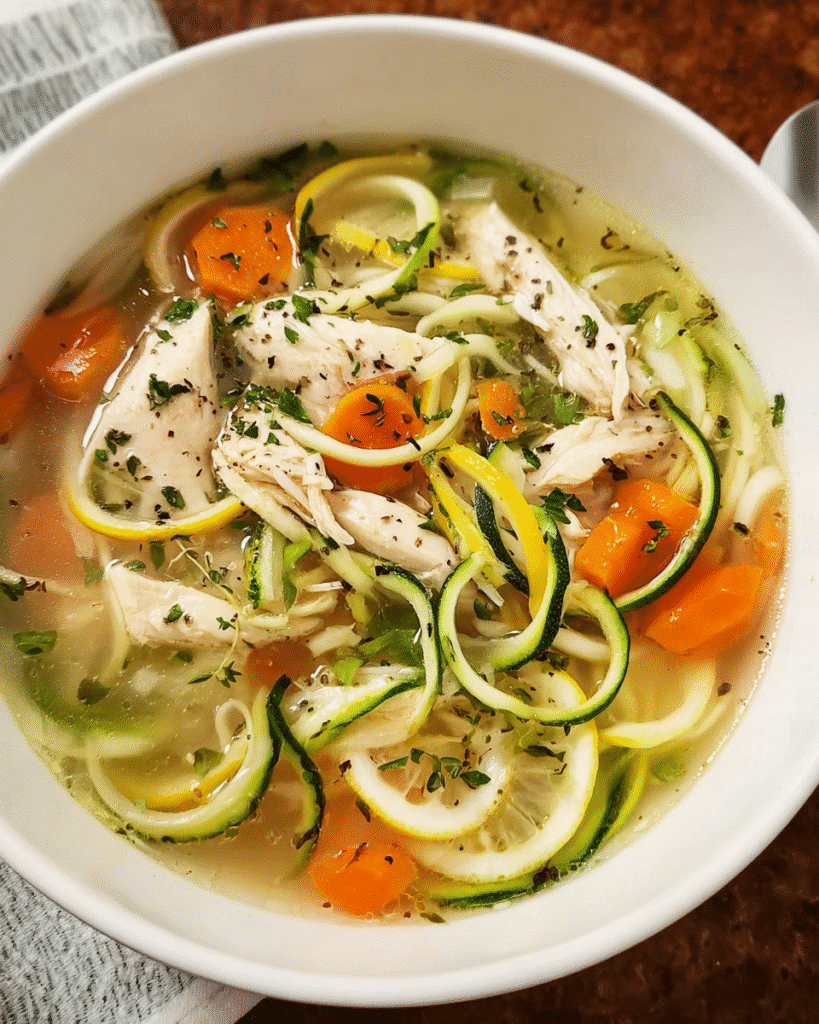Creamy chicken zoodle soup with zucchini noodles and herbs