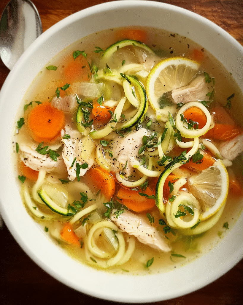 Creamy chicken zoodle soup with zucchini noodles and herbs