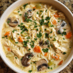 Creamy chicken and mushroom soup served hot