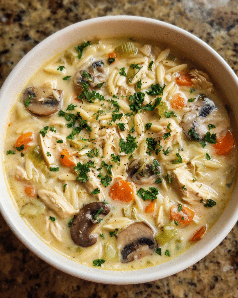 Creamy chicken and mushroom soup served hot