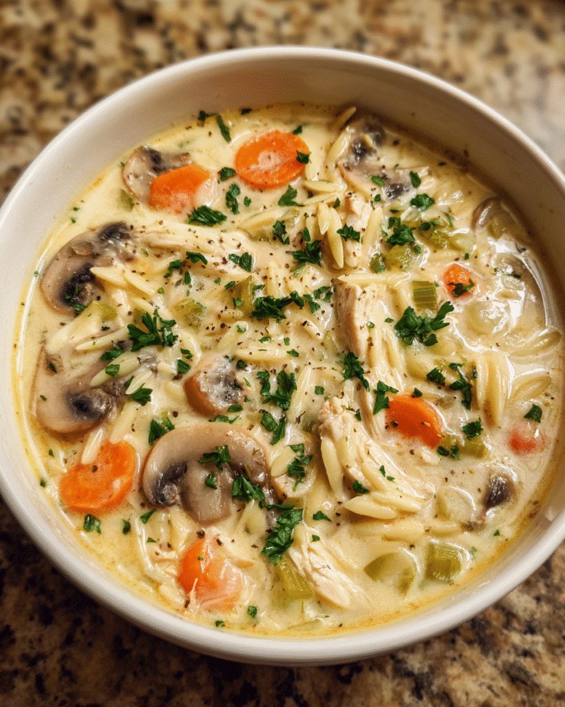 Creamy chicken and mushroom soup served hot