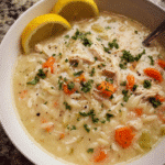 Lemon Chicken Wild Rice Soup in a bowl with lemon zest and greens