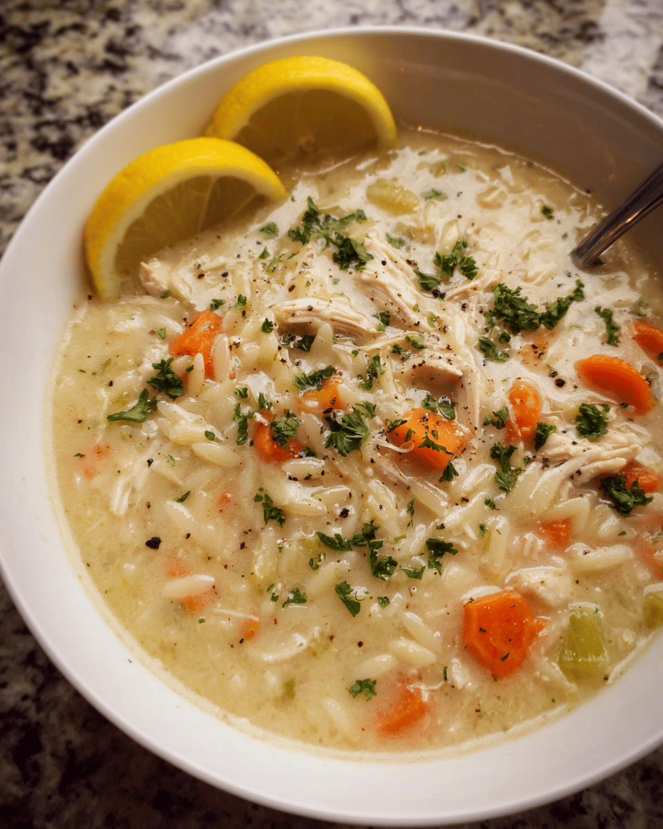 Lemon Chicken Wild Rice Soup in a bowl with lemon zest and greens
