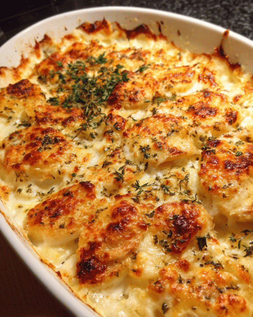 Creamy chicken and potato gratin baked until golden