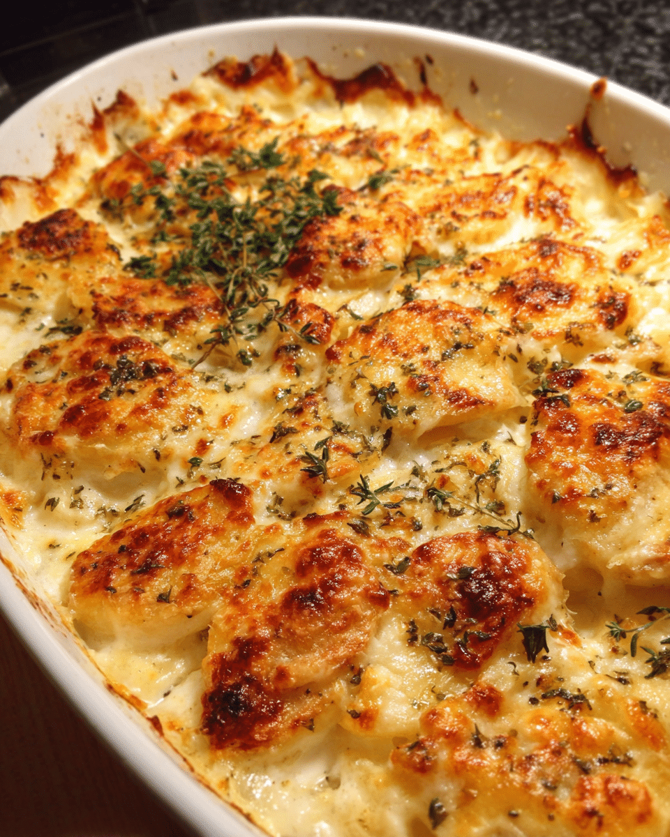 Creamy chicken and potato gratin baked until golden