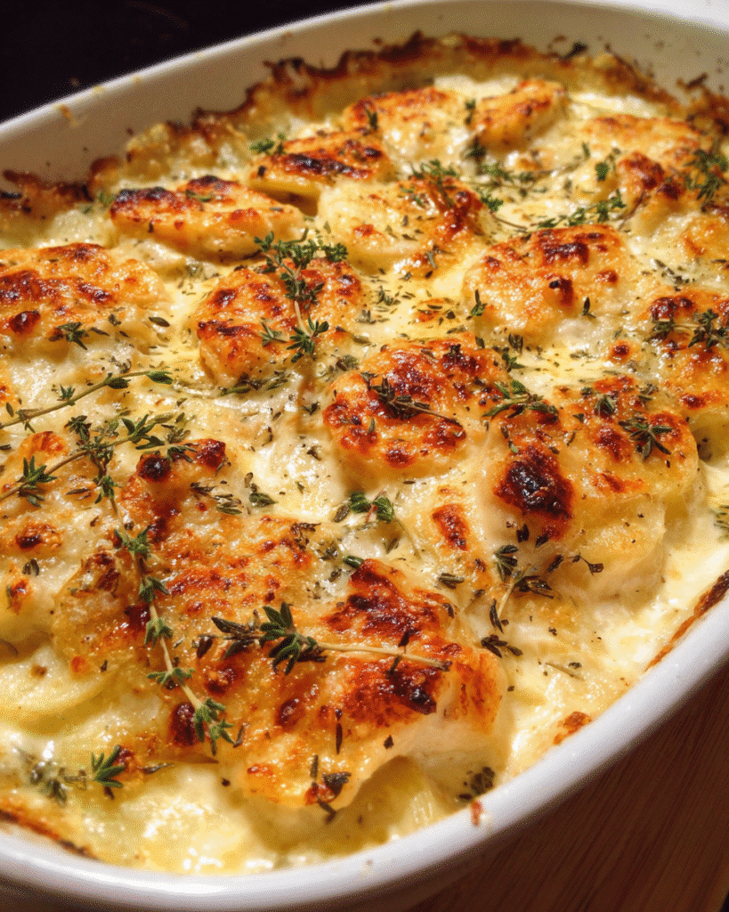 Creamy chicken and potato gratin baked until golden