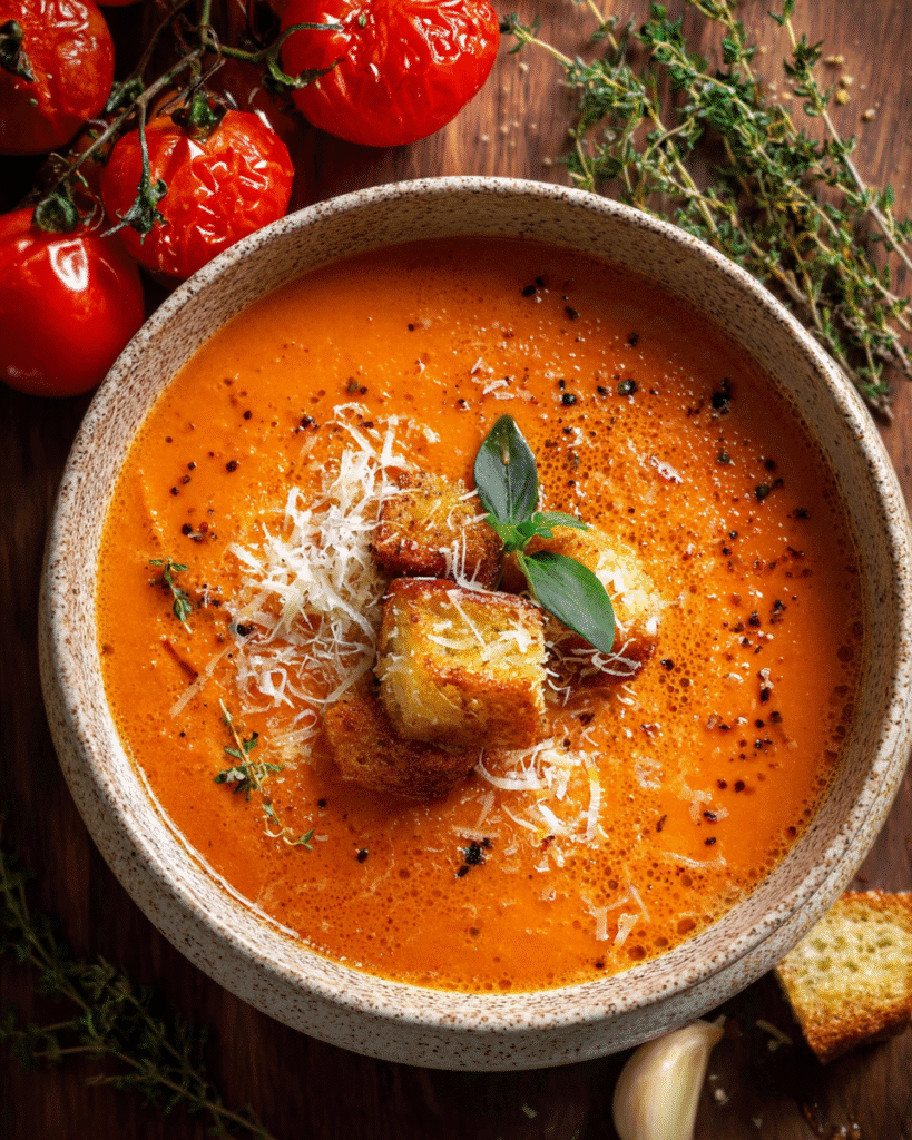 Creamy garlic parmesan tomato soup in a bowl