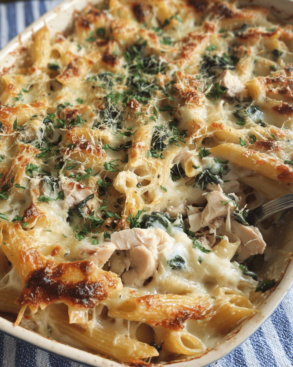 Creamy lemon chicken pasta bake with golden cheese