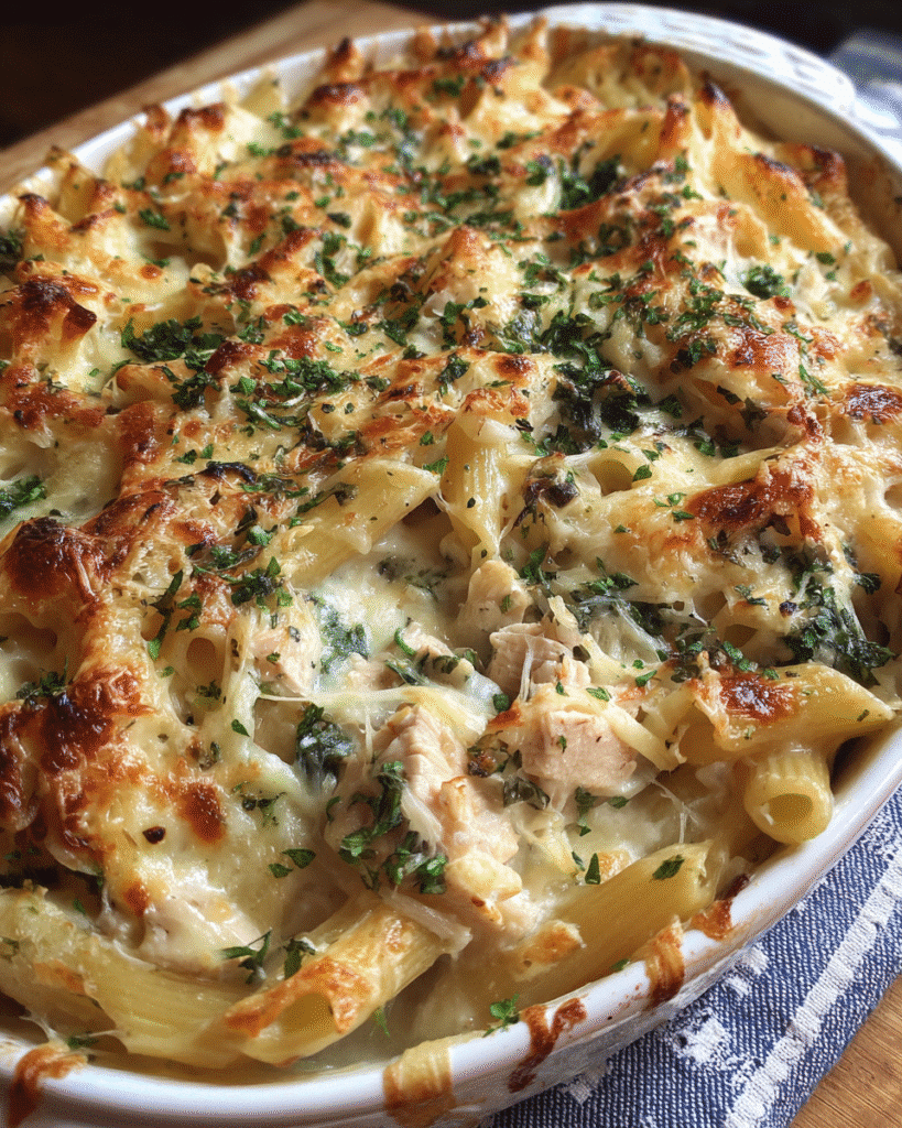 Creamy lemon chicken pasta bake with golden cheese
