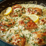 Creamy Lemon Herb Chicken in skillet with herbs