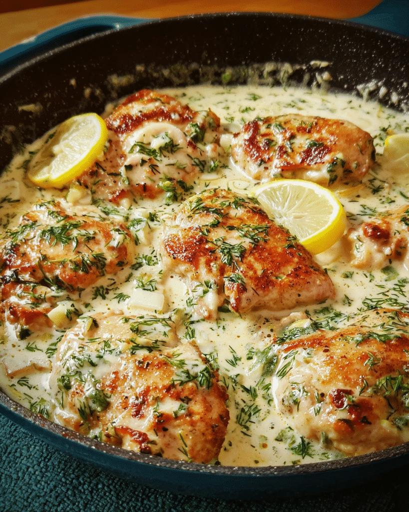 Creamy Lemon Herb Chicken in skillet with herbs