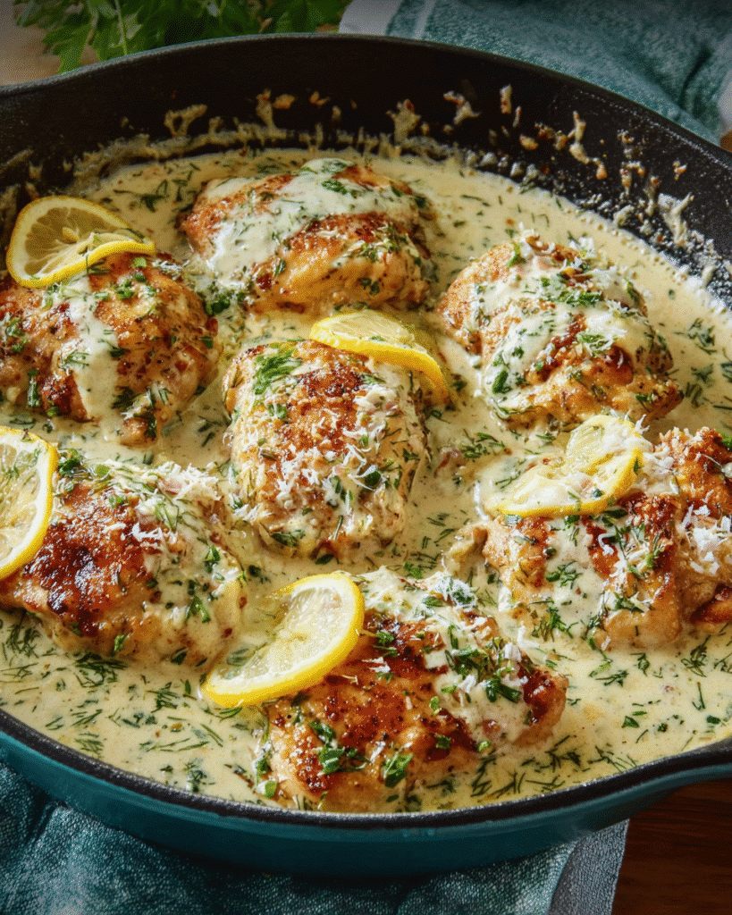 Creamy Lemon Herb Chicken in skillet with herbs