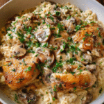 Creamy mushroom chicken rice bake in a skillet