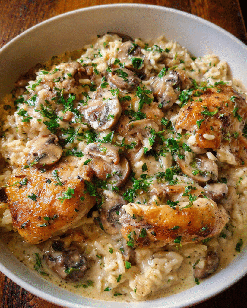 Creamy mushroom chicken rice bake in a skillet
