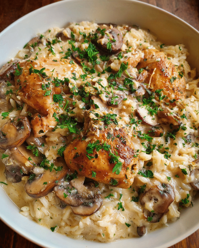 Creamy mushroom chicken rice bake in a skillet