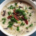 Bowl of creamy mushroom and leek soup with parsley