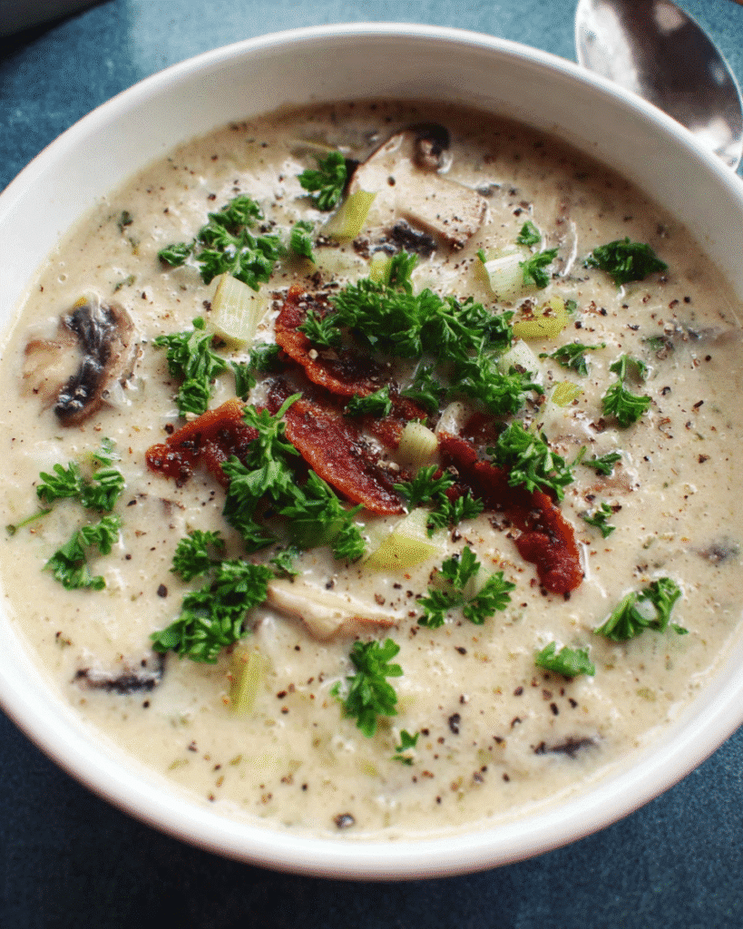 Bowl of creamy mushroom and leek soup with parsley