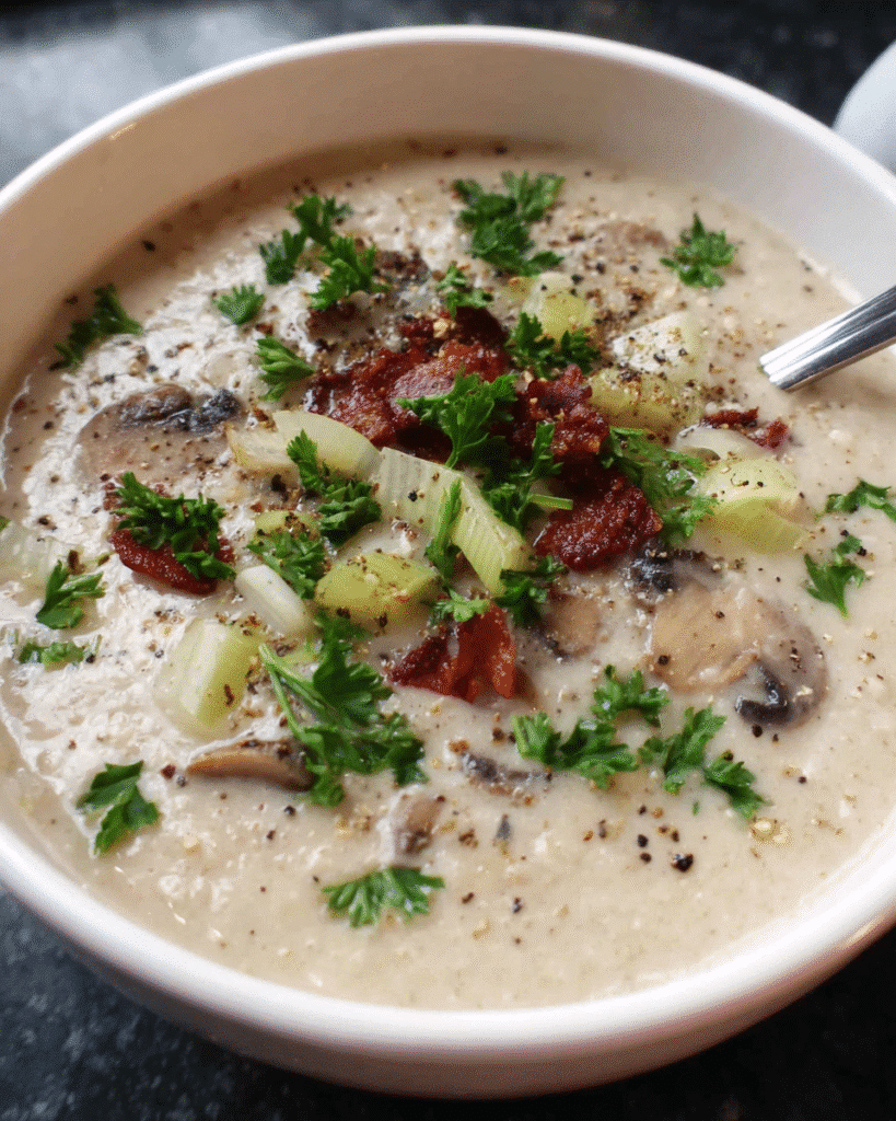 Bowl of creamy mushroom and leek soup with parsley