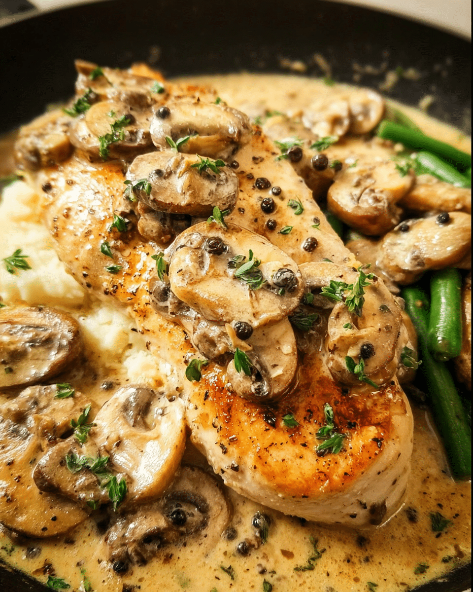 Creamy Peppercorn Chicken in a skillet with mushrooms and peppercorn sauce