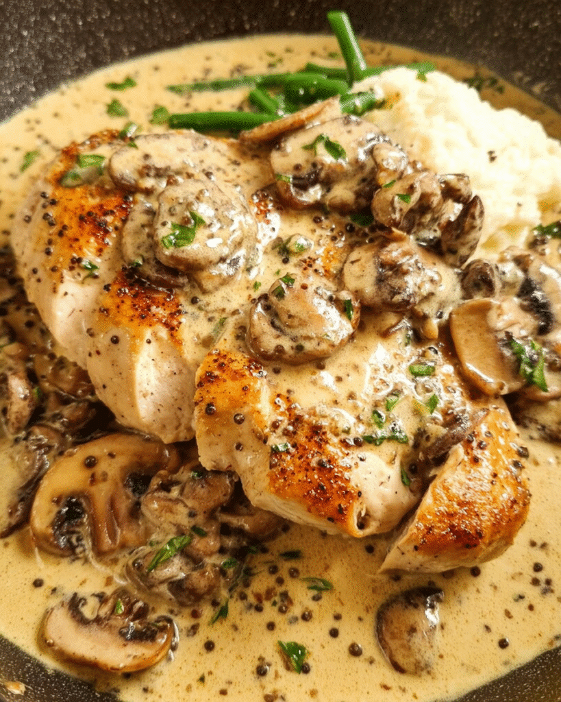 Creamy Peppercorn Chicken in a skillet with mushrooms and peppercorn sauce