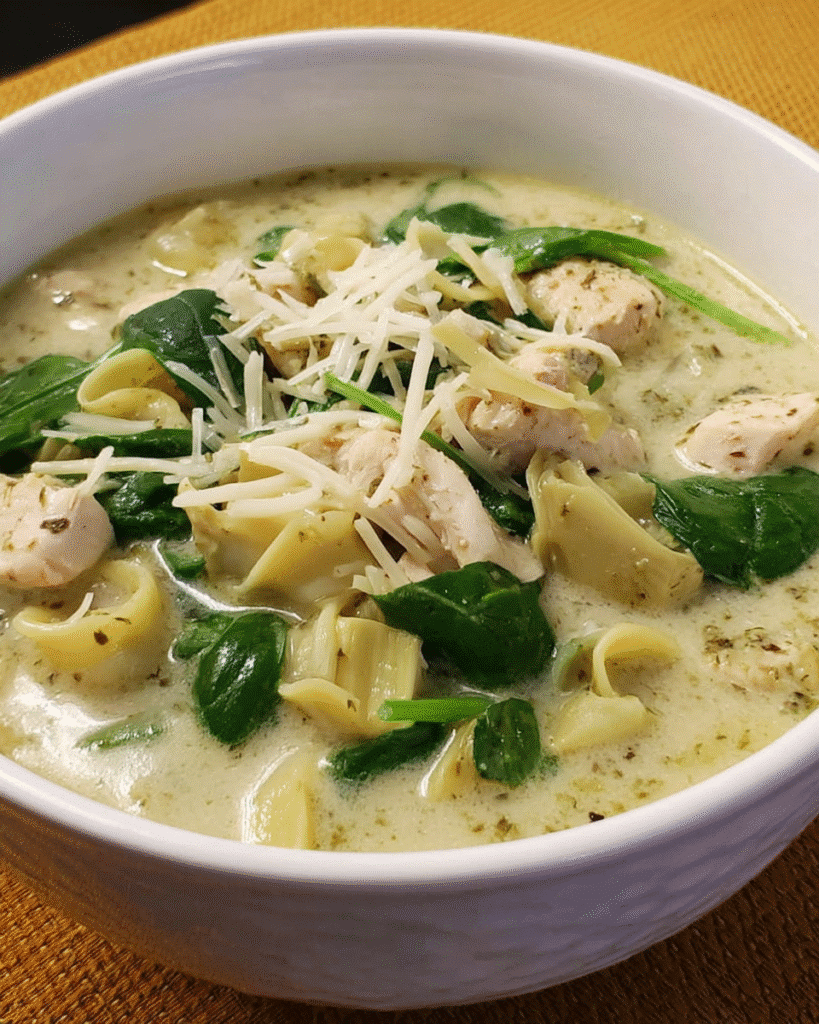 Bowl of creamy pesto chicken soup with spinach and pasta