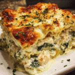 Creamy spinach chicken lasagna slice