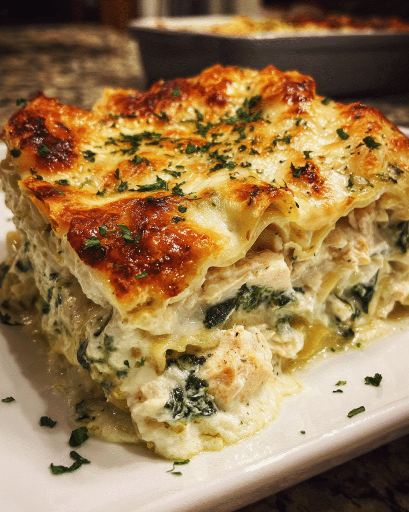 Creamy spinach chicken lasagna slice