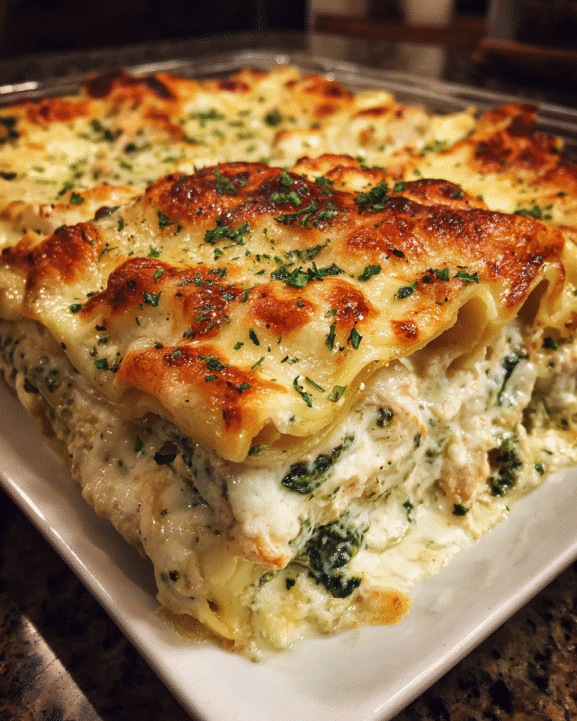 Creamy spinach chicken lasagna slice