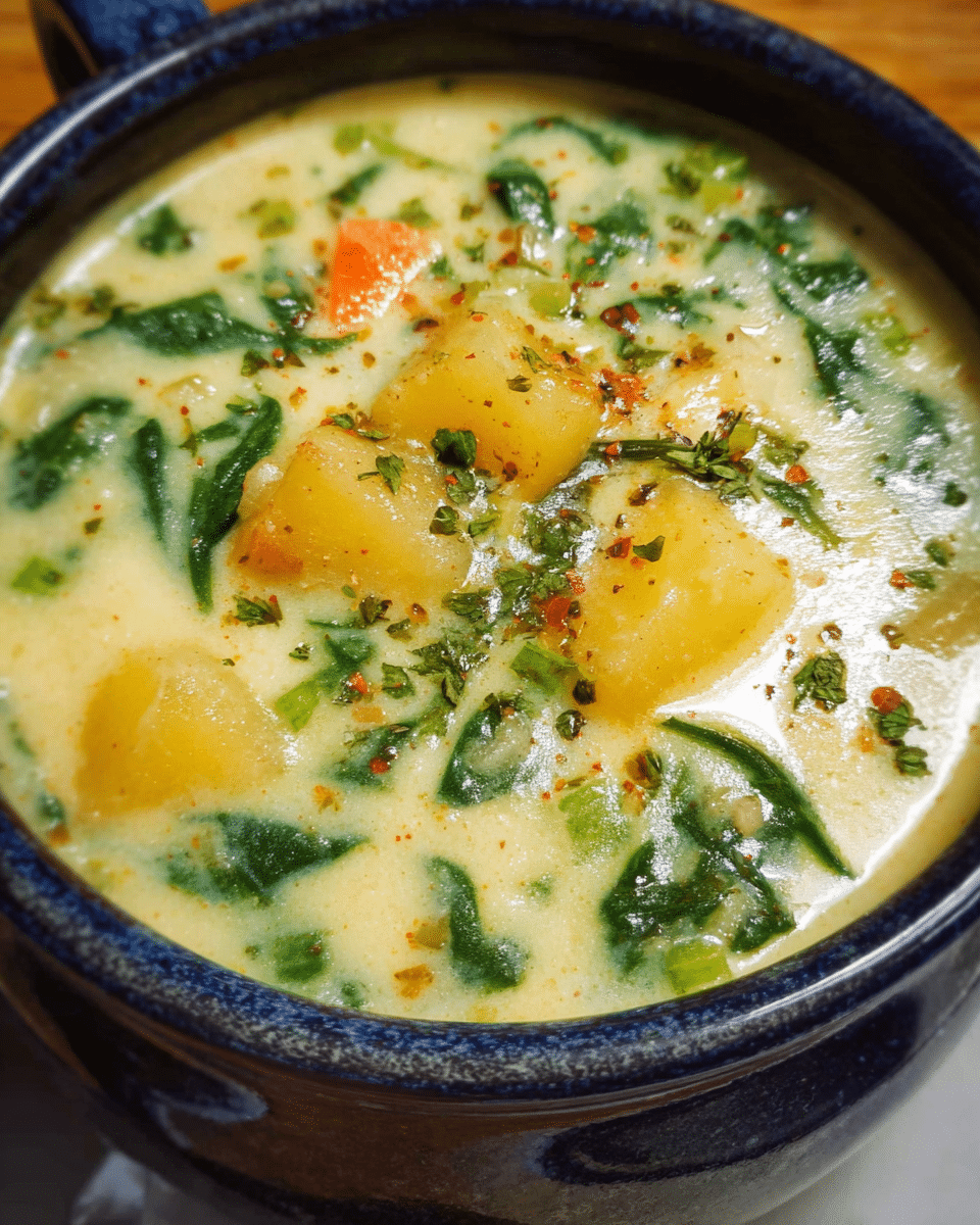 Creamy spinach potato stew in a bowl